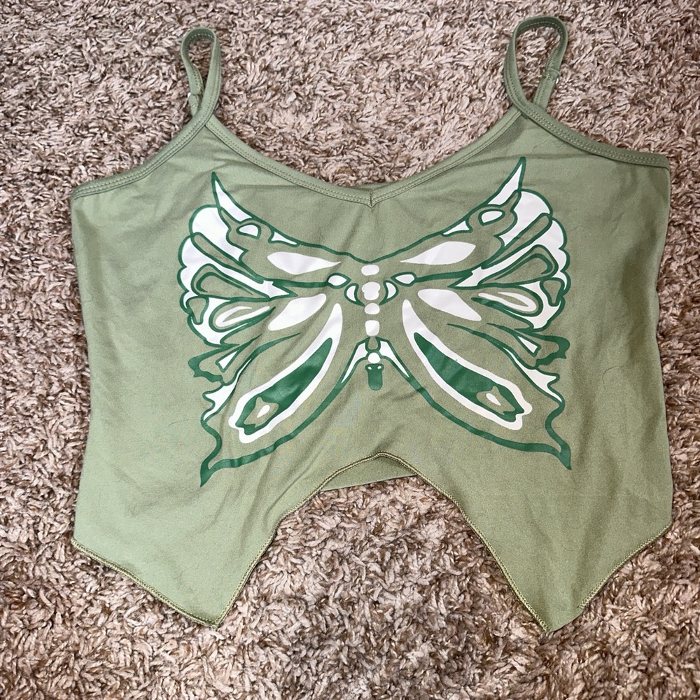 large green Shein tank top with split in the stomach